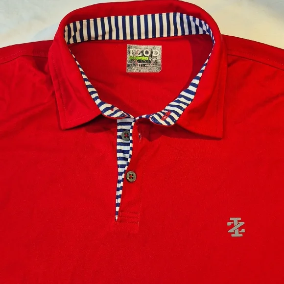 Izod Red Polo Mens Shirt with Striped Collar Short Sleeve - Picture 1 of 15